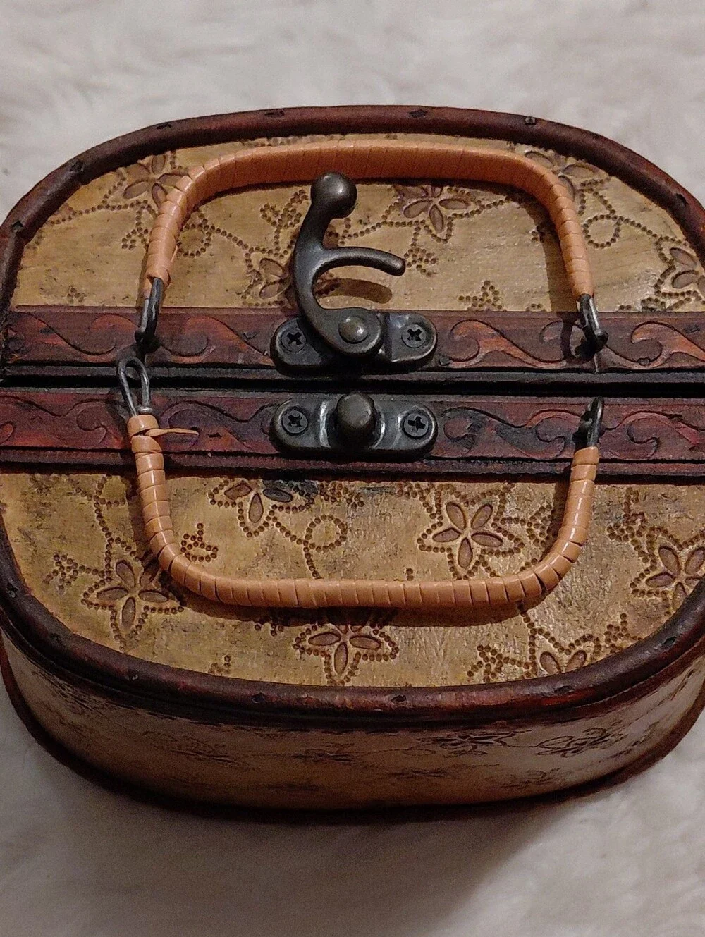 Tan Floral-Embossed Cosmetic Case with Top Handle
